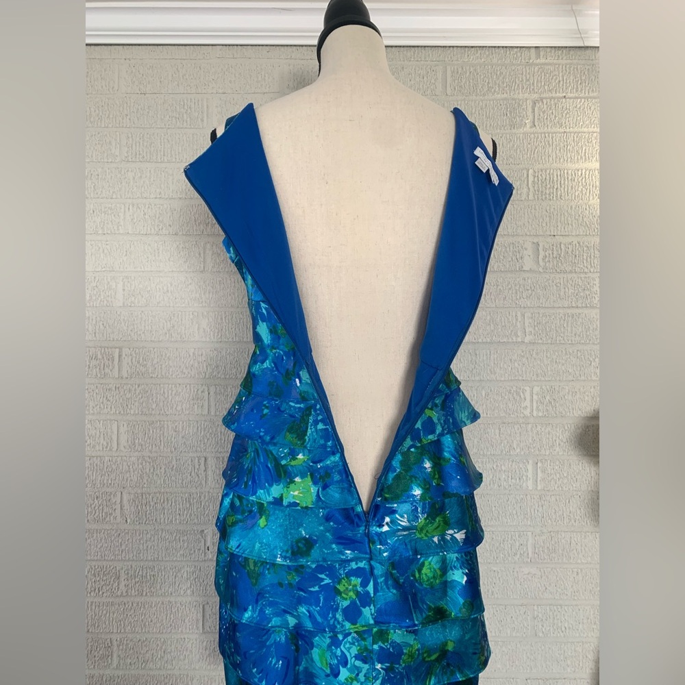 London Times Blue and Green Satin Tiered Sleeveless Cocktail Dress 6 Petite EUC - Picture 4 of 12